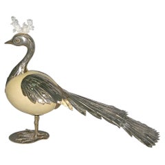 Antonio Pavia 1970s Italian Silver Plated Cream Bird Sculpture with White Crest