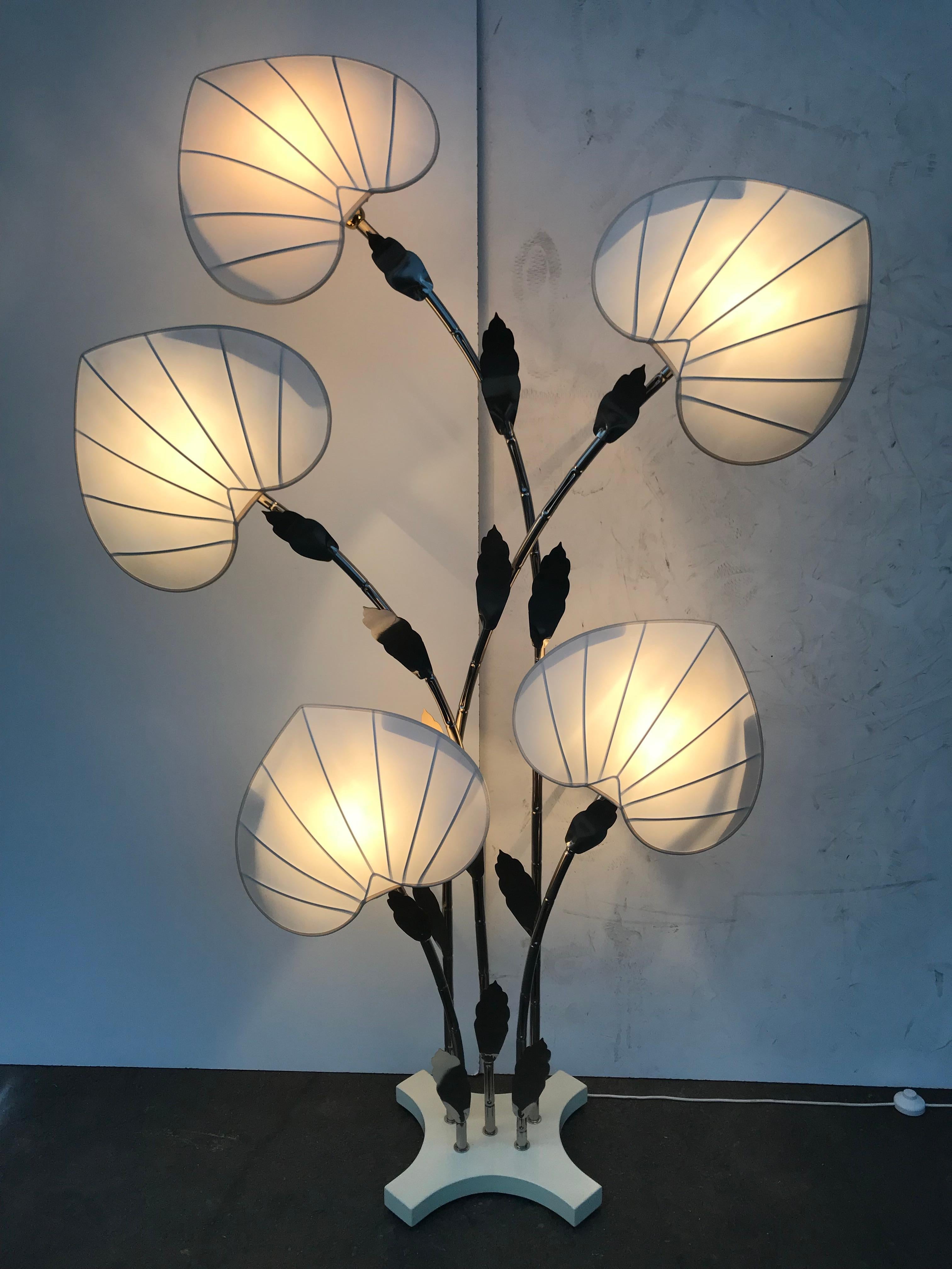 Late 20th Century Antonio Pavia Brass Bamboo Lamp with Leaf Motif Shades