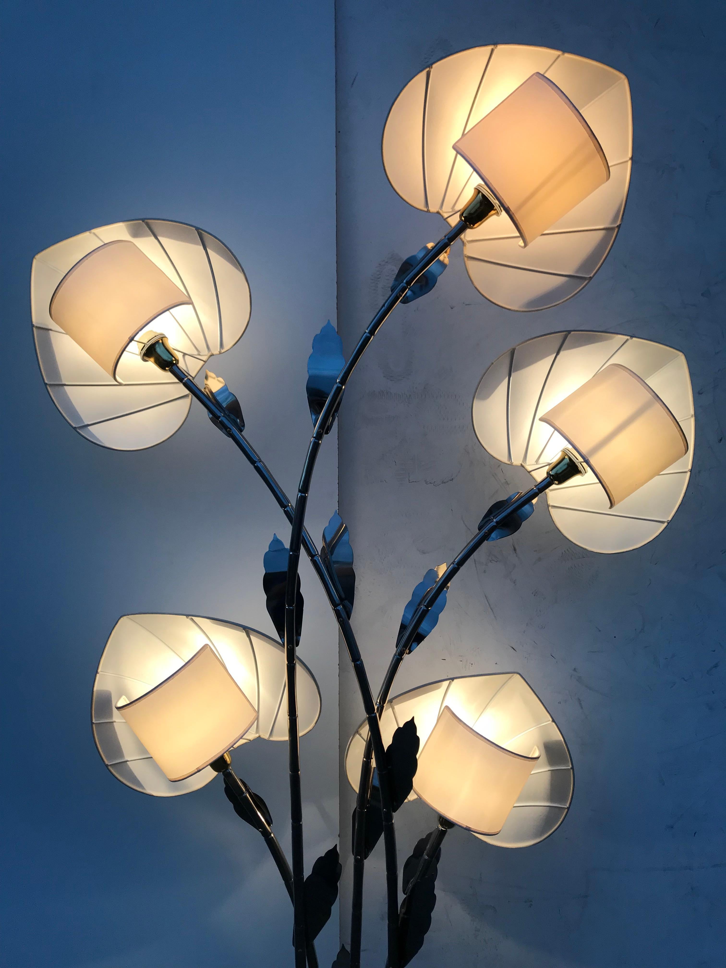 Antonio Pavia Brass Bamboo Lamp with Leaf Motif Shades 2