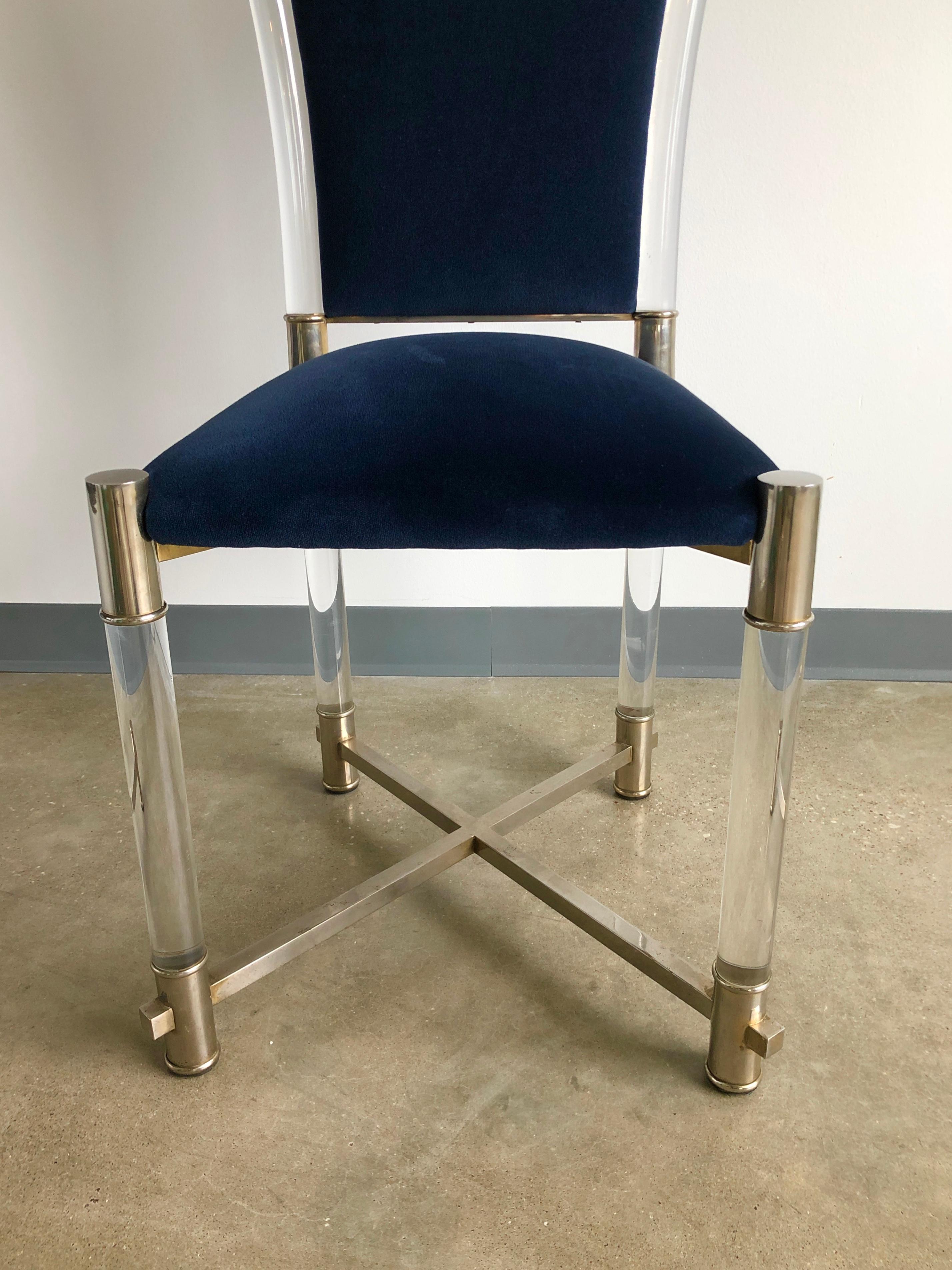 Antonio Pavia Lucite Frame w/ Stainless Steel & New Blue Velvet High Back Chair For Sale 3
