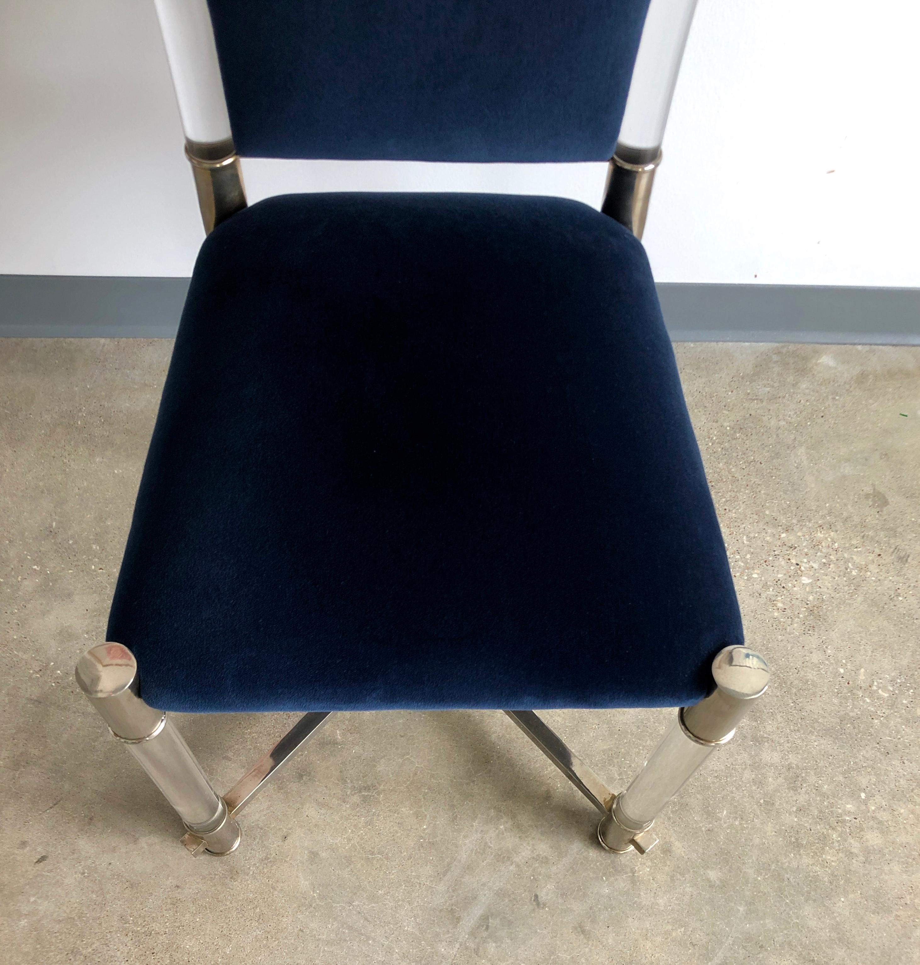 Antonio Pavia Lucite Frame w/ Stainless Steel & New Blue Velvet High Back Chair For Sale 7