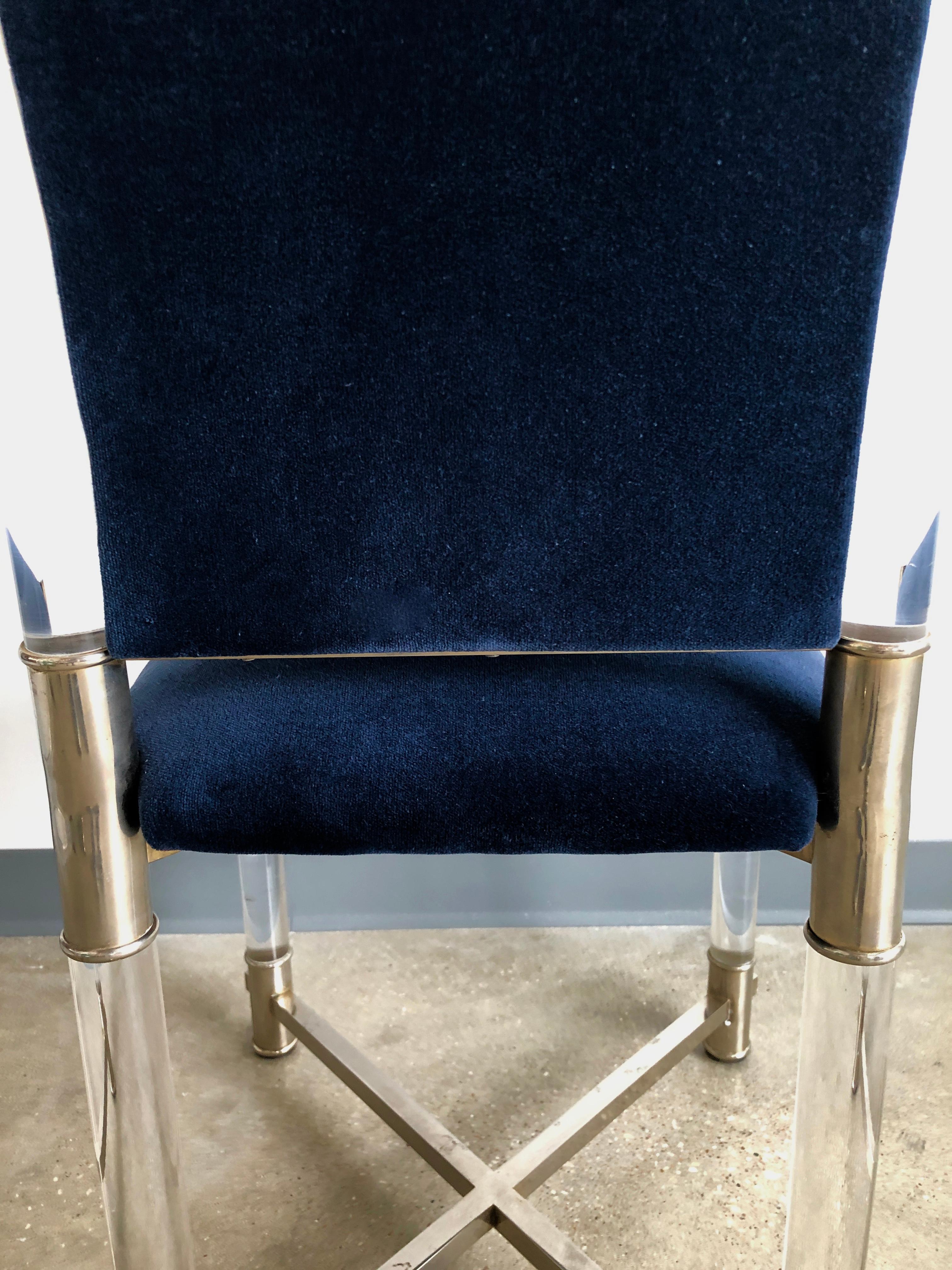 Antonio Pavia Lucite Frame w/ Stainless Steel & New Blue Velvet High Back Chair For Sale 12