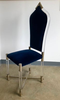 Antonio Pavia Lucite Frame w/ Stainless Steel & New Blue Velvet High Back Chair