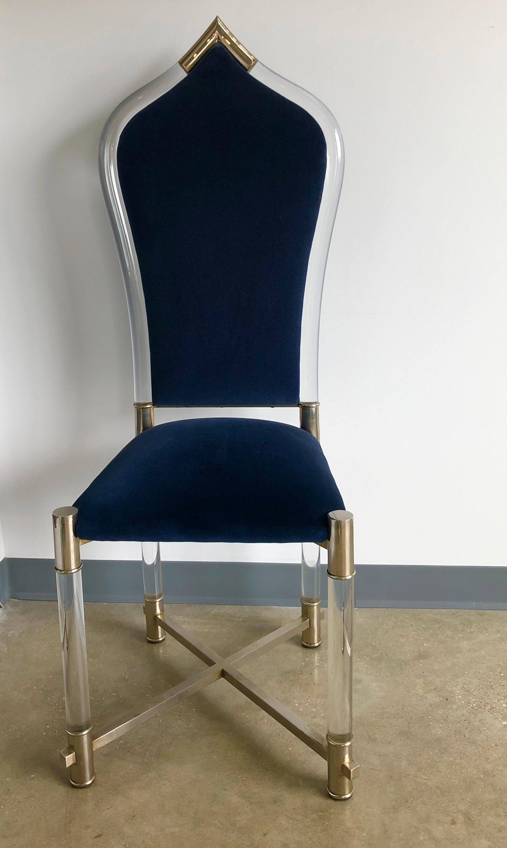 Mid-Century Modern Antonio Pavia Lucite Frame w/ Stainless Steel & New Blue Velvet High Back Chair For Sale