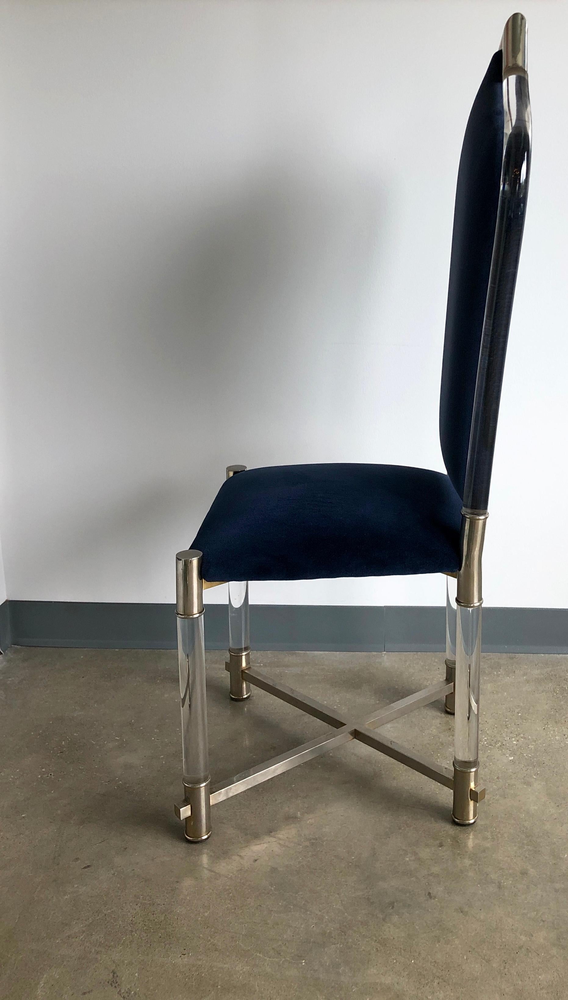 Italian Antonio Pavia Lucite Frame w/ Stainless Steel & New Blue Velvet High Back Chair For Sale
