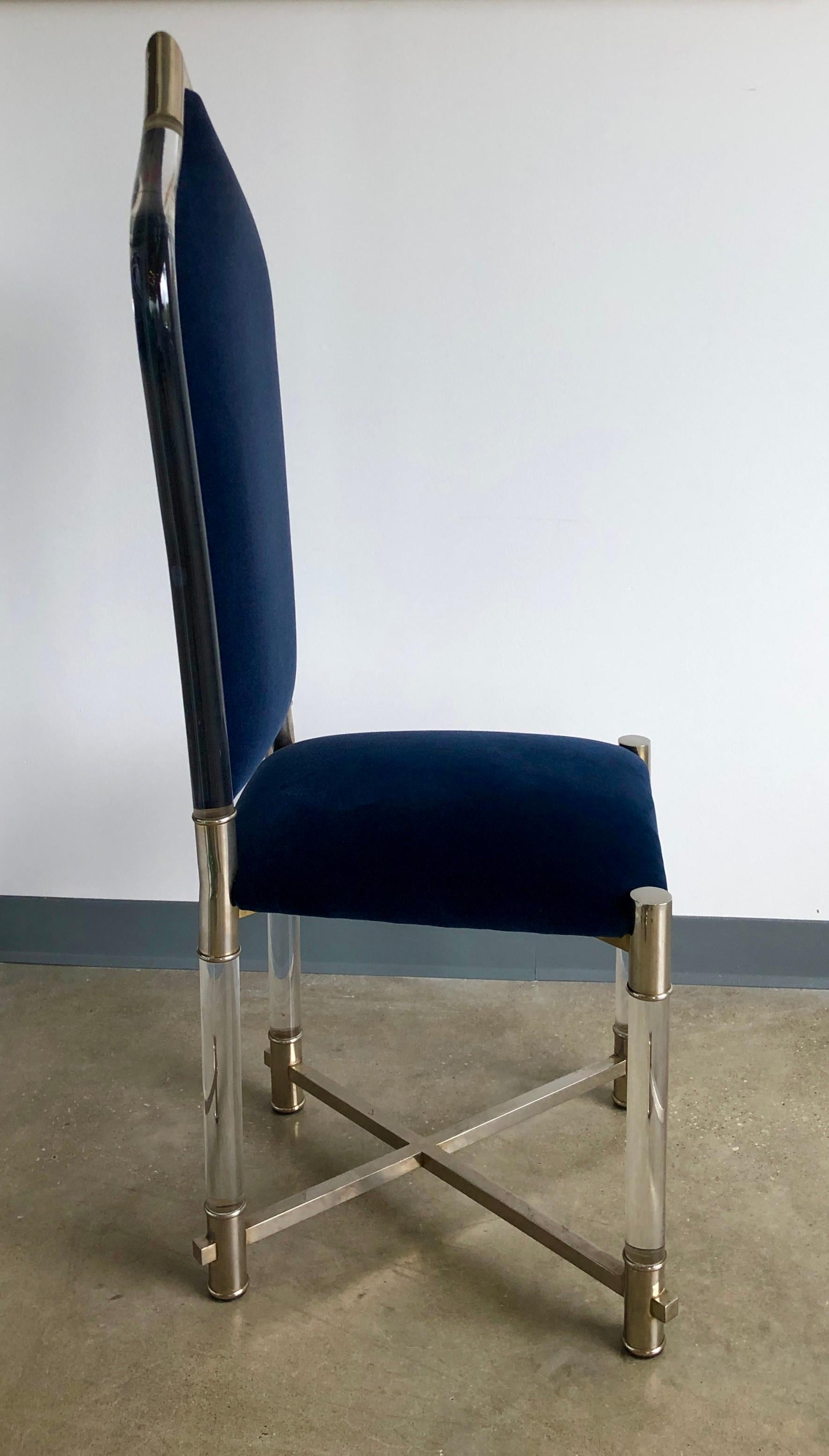 Antonio Pavia Lucite Frame w/ Stainless Steel & New Blue Velvet High Back Chair In Good Condition For Sale In Houston, TX