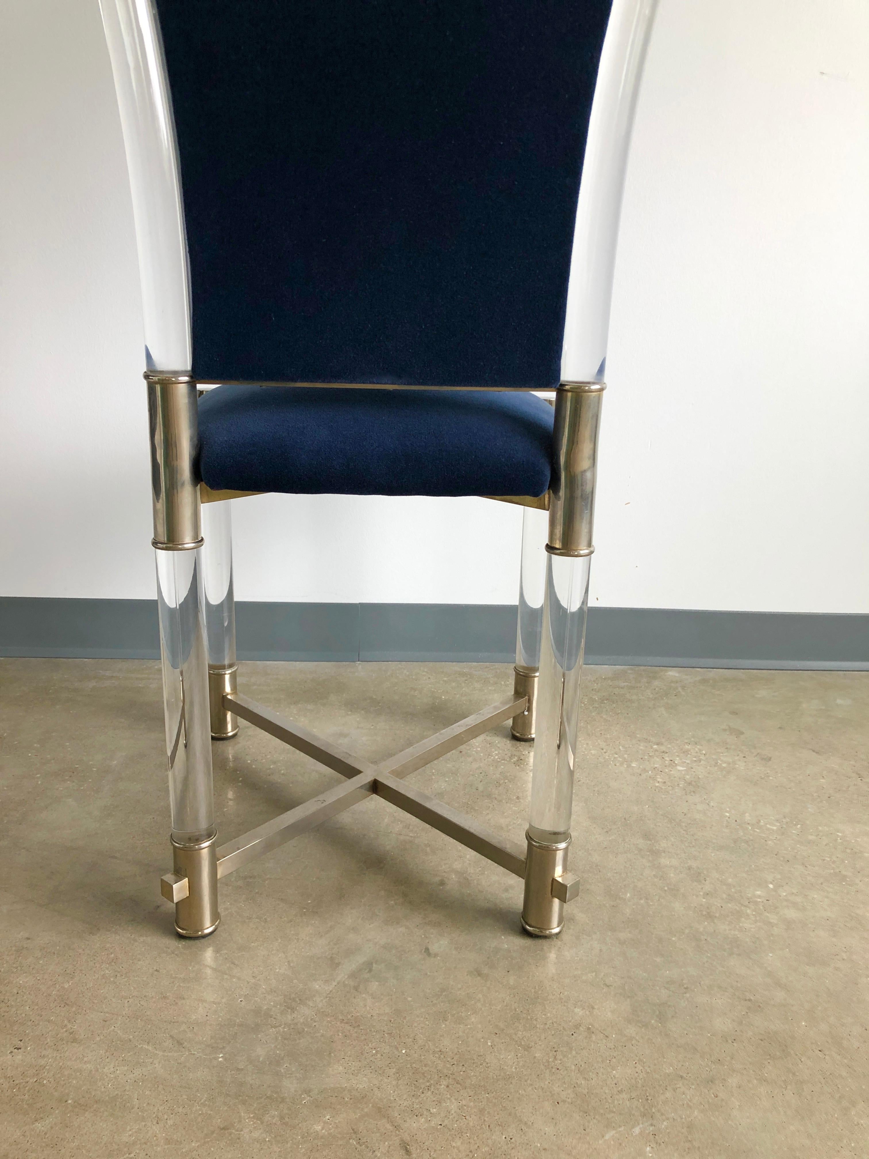 Antonio Pavia Lucite Frame w/ Stainless Steel & New Blue Velvet High Back Chair For Sale 1