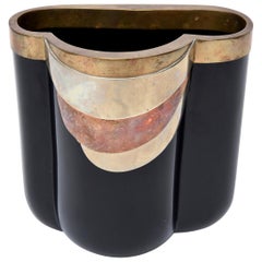 Antonio Pavia Murano Black Glass and Mixed Metals Sculptural Vase Vessel Italian