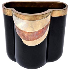 Antonio Pavia Murano Black Glass and Mixed Metals Sculptural Vase Vessel Italian
