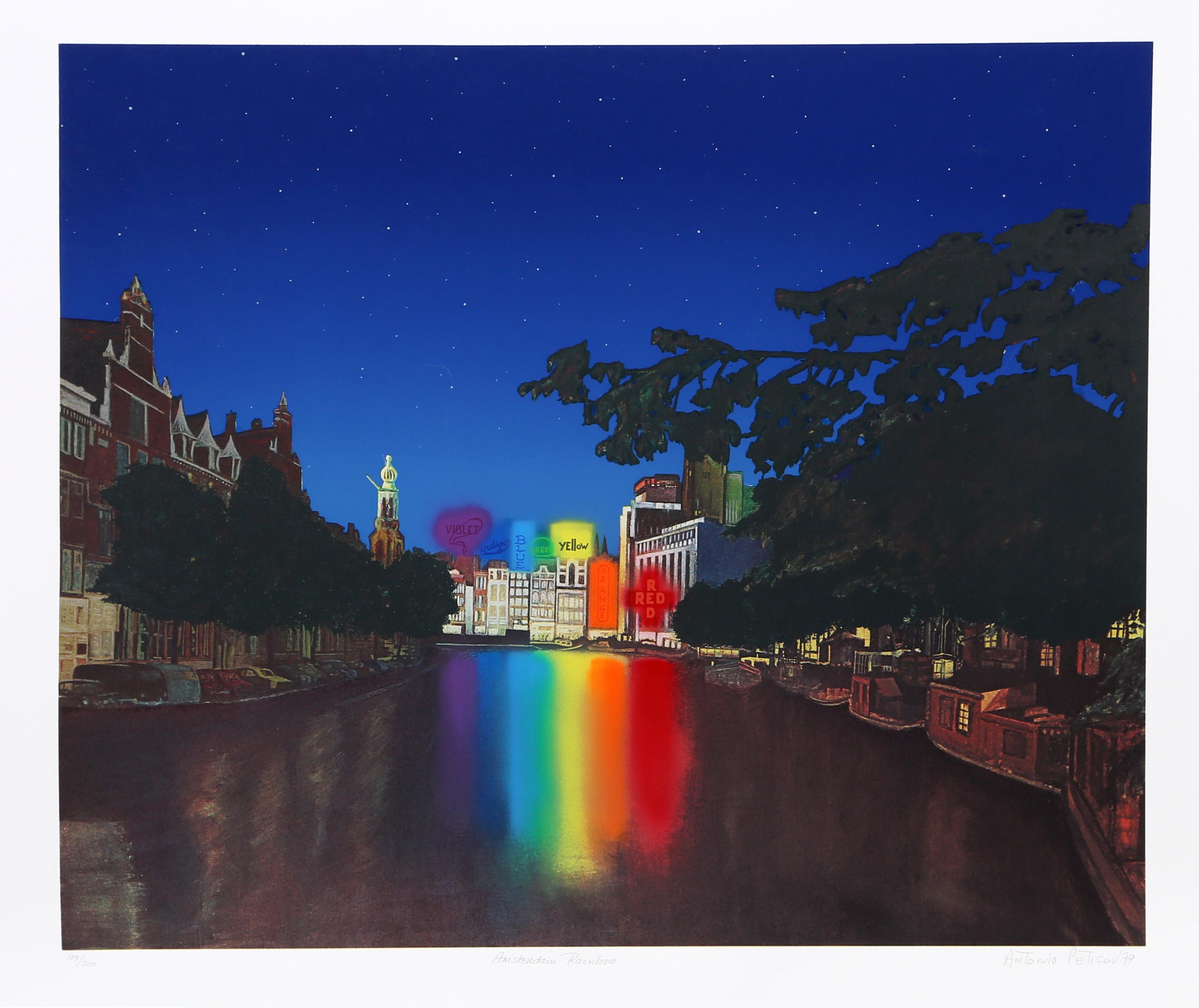 Antonio Peticov, Brazilian (1946 - ) - Amsterdam Rainbow, Year:  1979, Medium:  Screenprint, signed and numbered in pencil, Edition:  200, Size:  27.5  x 35 in. (69.85  x 88.9 cm)