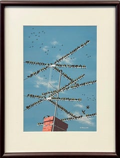 "Antenna Birds" New Yorker Mag Cover Proposal Mid-Century American Scene Modern