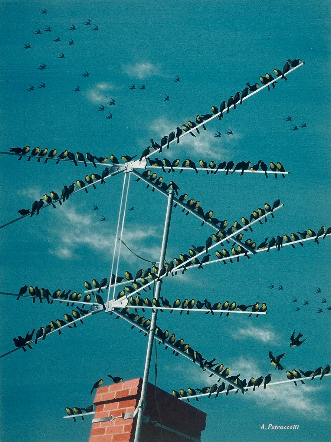 Antonio Petruccelli Landscape Painting – „Antenna Birds“, New Yorker Mag-Deckel, Proposal, amerikanische Szene, Moderne der Mitte des Jahrhunderts
