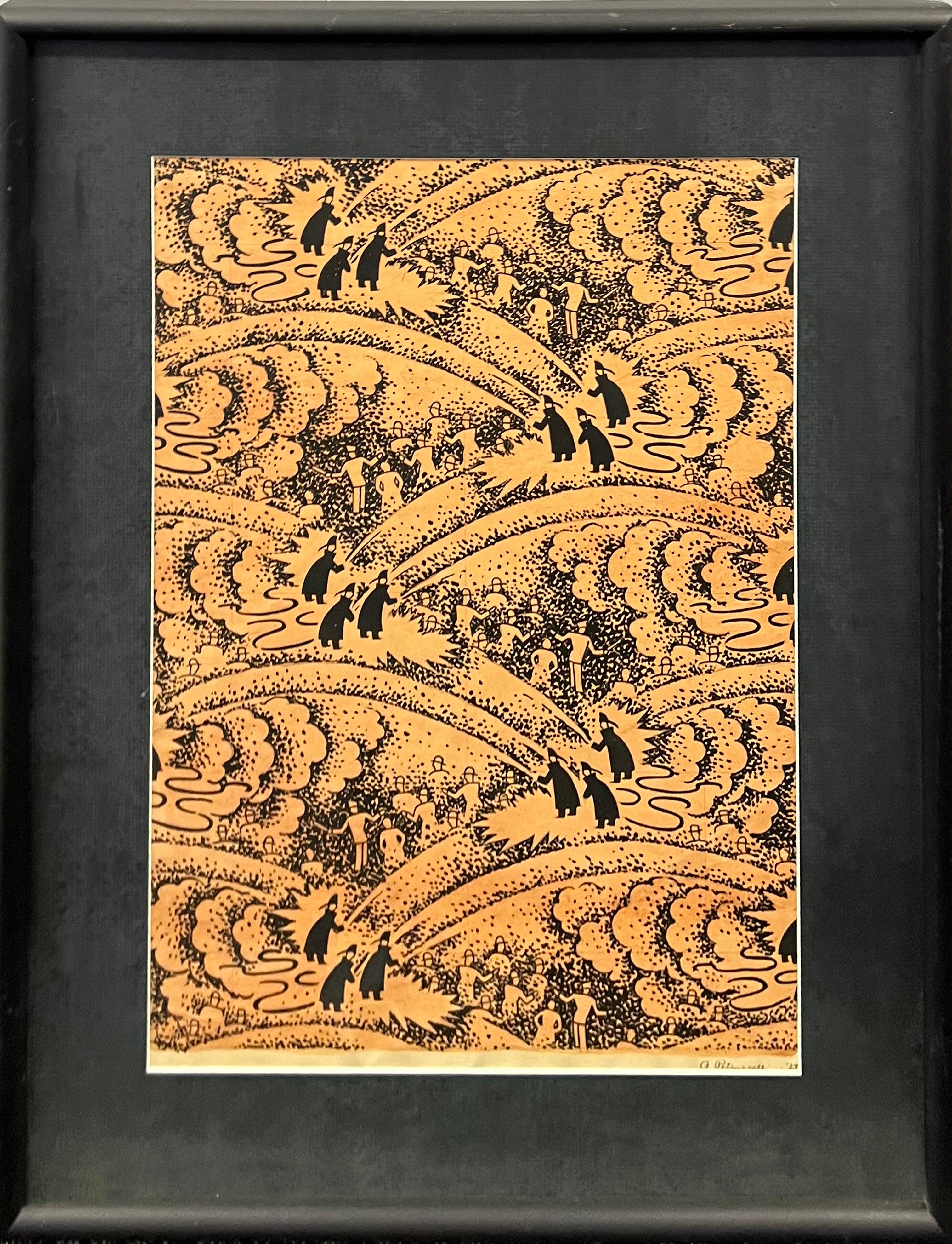 Design de tissu pour hommes en textile Fireman - Scène américaine des années 1920 - Art déco - Painting de Antonio Petruccelli