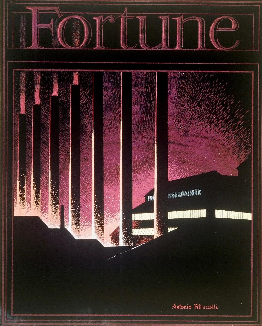 Peinture originale des années 1930, couverture de Fortune. Scène industrielle et moderne américaine