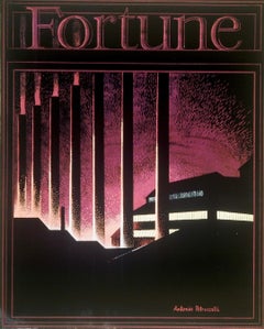 Peinture originale des années 1930, couverture de Fortune. Scène industrielle et moderne américaine