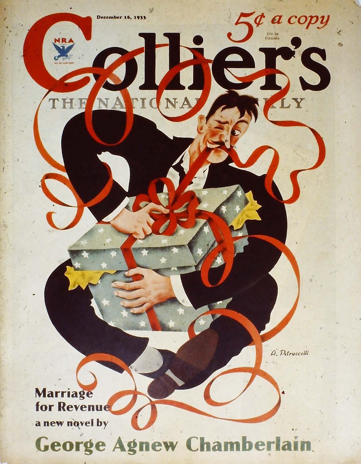Original Painting. Colliers Cover Published American Scene Christmas Modern 

Antonio Petruccelli (1907 - 1994)
Man with Ribbon
Colliers published, December 16, 1933
17 1/2 X 13 3/4 (sight) inches
Gouache on board
Signed lower