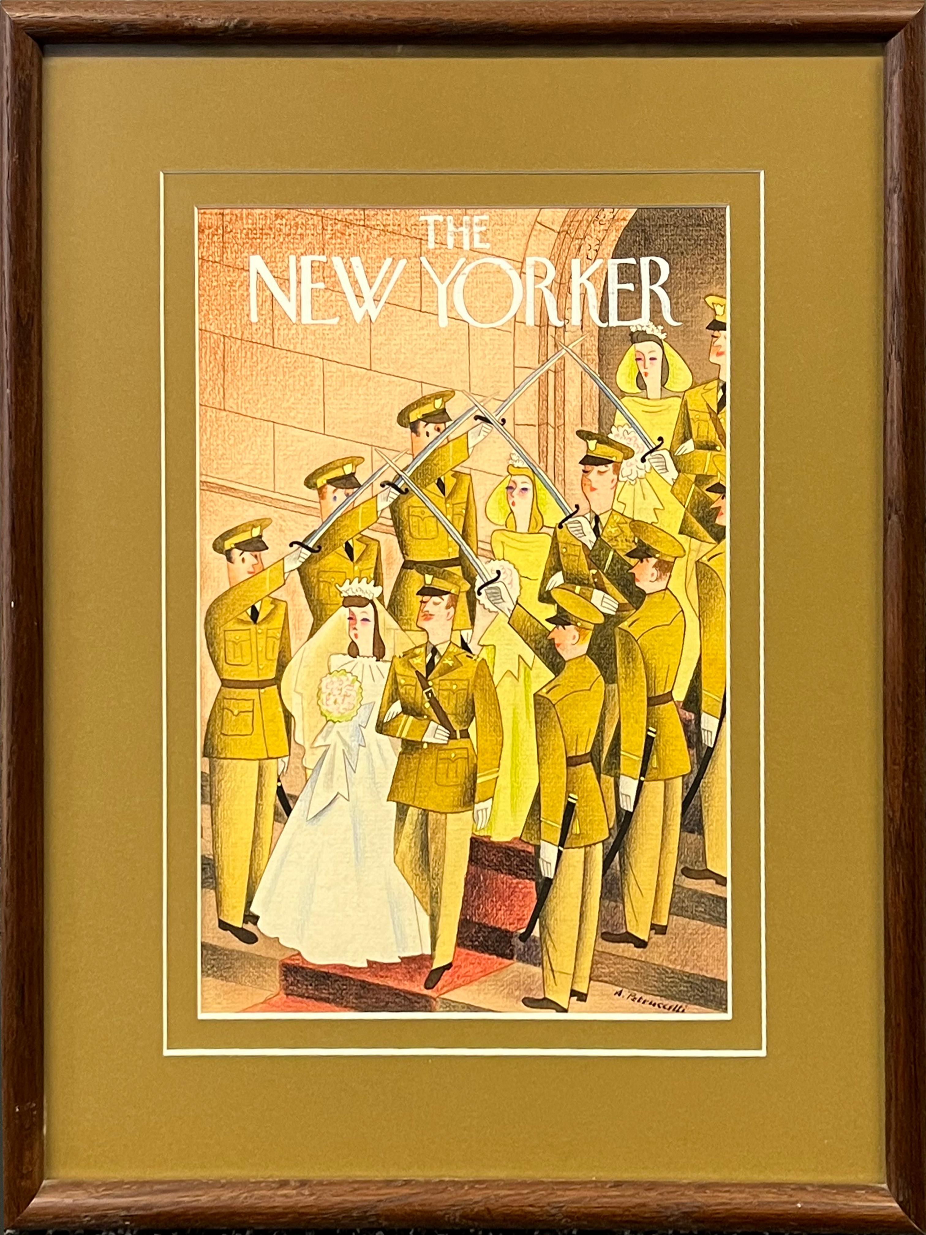 Original-Gemälde, New Yorker Mag-Deckel-Vorschlag. Amerikanische Armee-Hochzeitsssszene WPA – Painting von Antonio Petruccelli