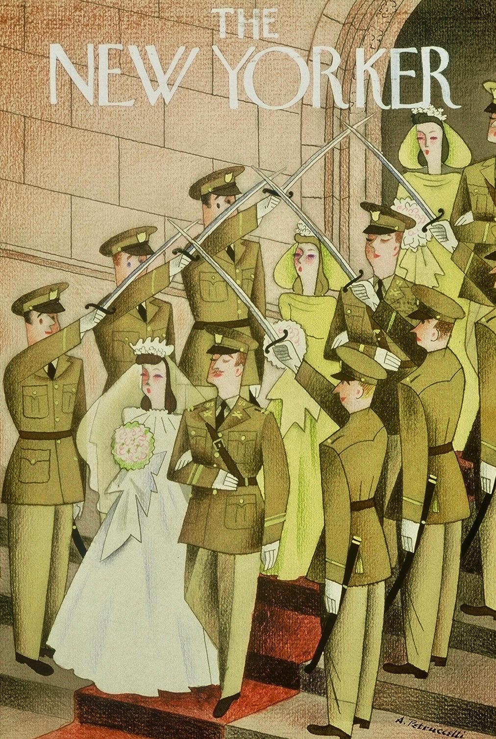 Original-Gemälde, New Yorker Mag-Deckel-Vorschlag. Amerikanische Armee-Hochzeitsssszene WPA