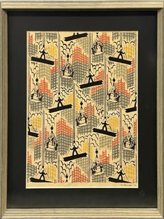 Original Painting Steel Workers Fabric Design Industrial Deco American Modernism