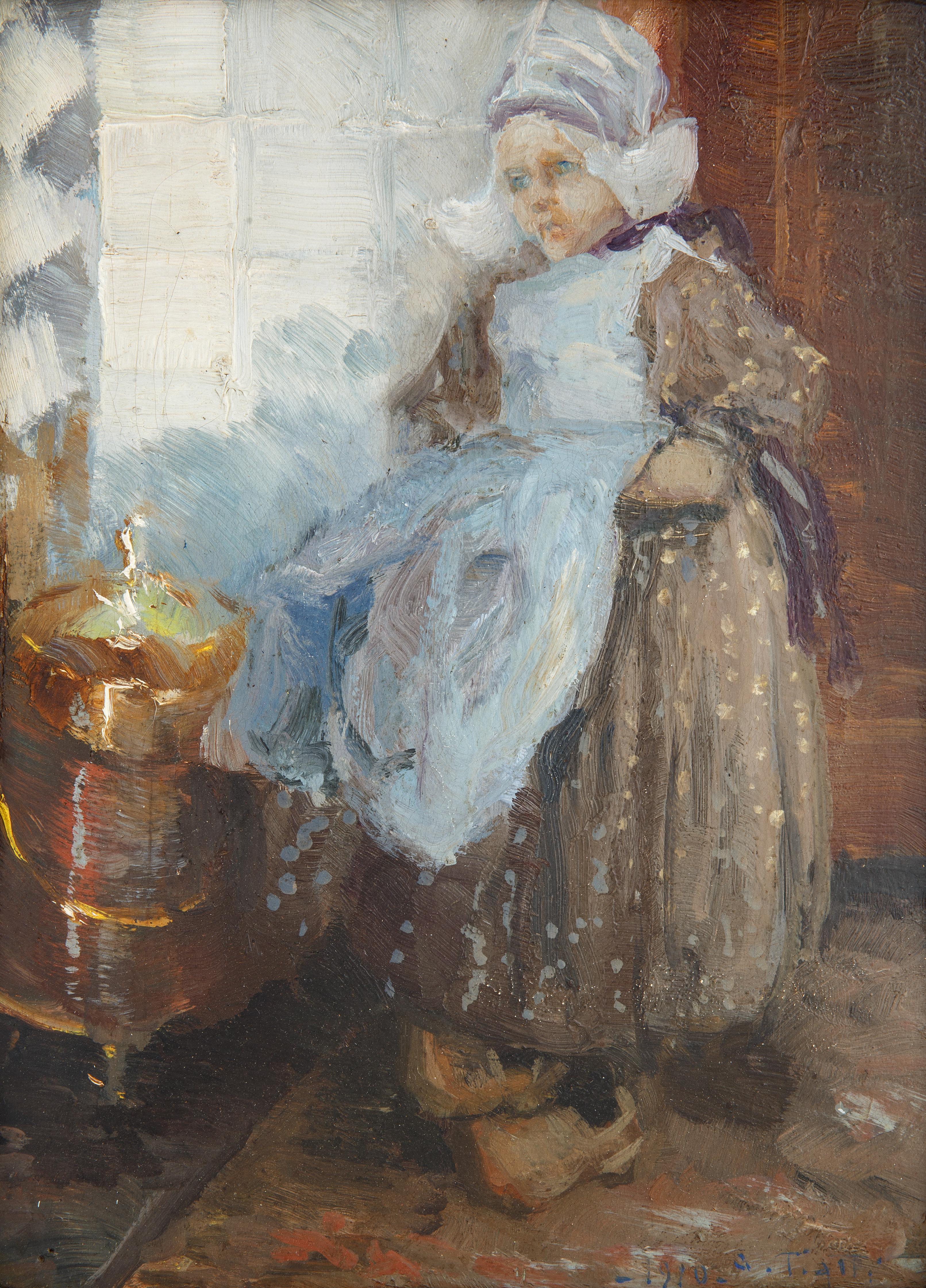 Young Dutch Girl - Painting by Antonio Piatti
