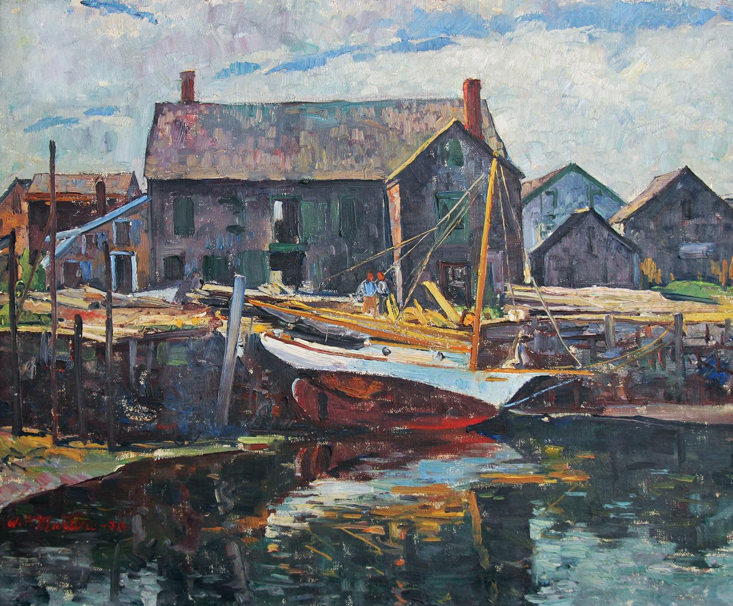 Fishing Boats, Gloucester MA, American Impressionist Harbor Scene - Painting by Antonio Pietro Martino