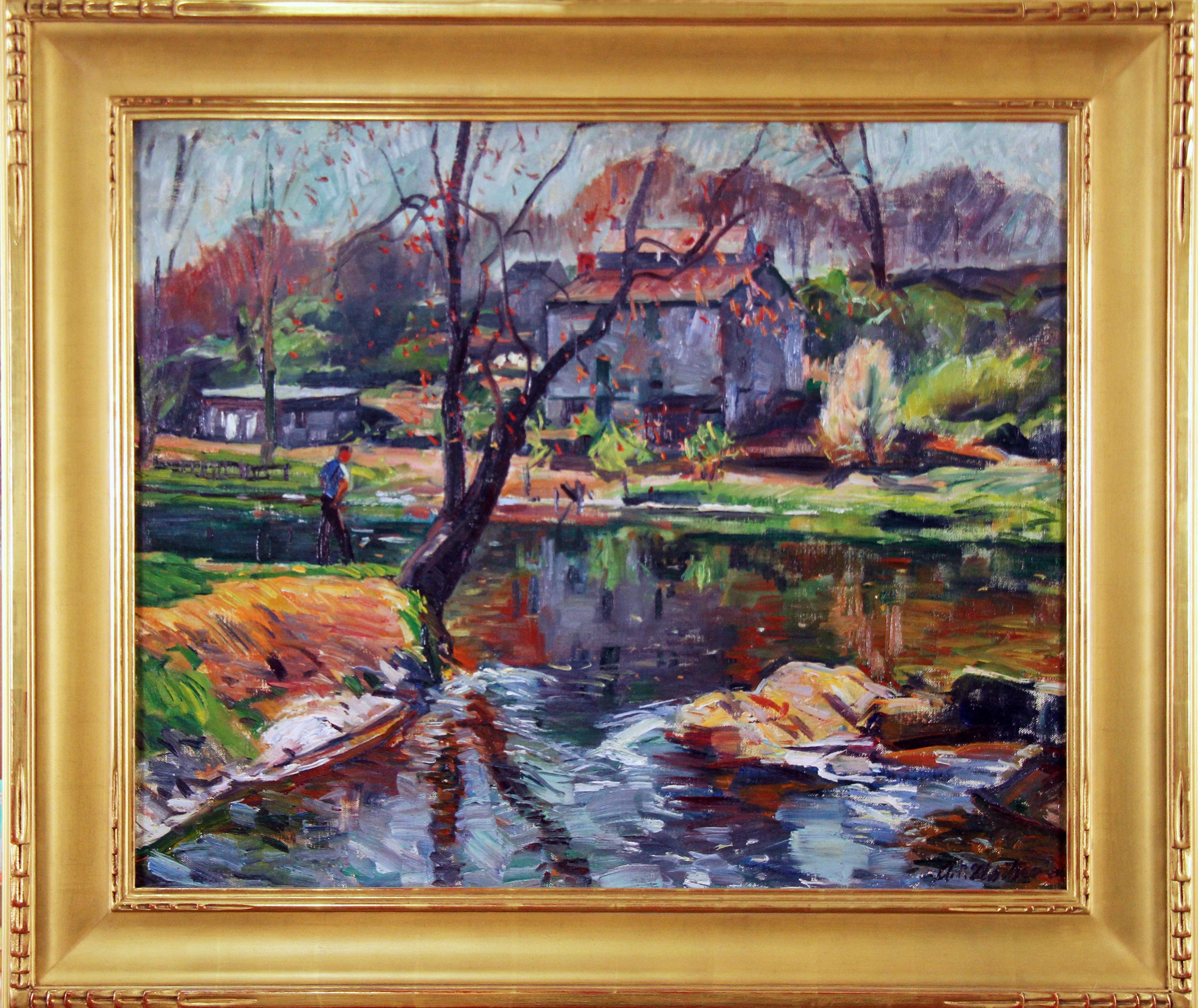Landscape by River with Figure, American Impressionist, Oil on Canvas - Painting by Antonio Pietro Martino