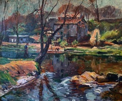 Paysage près d'une rivière avec personnage:: Impressionniste américain:: Huile sur toile