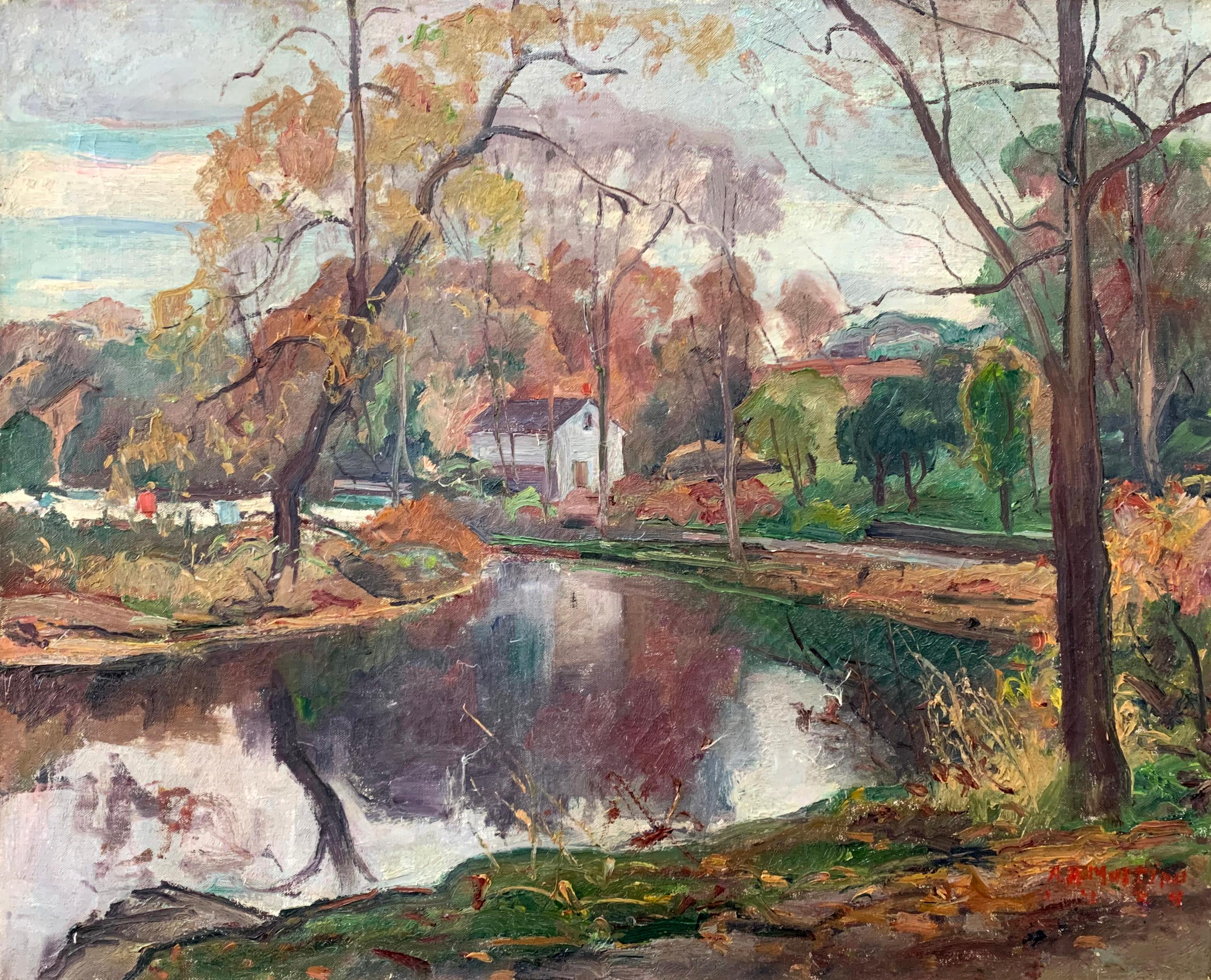 Reflections, American Impressionist Landscape, Regional Scene, Delaware River - Painting by Antonio Pietro Martino