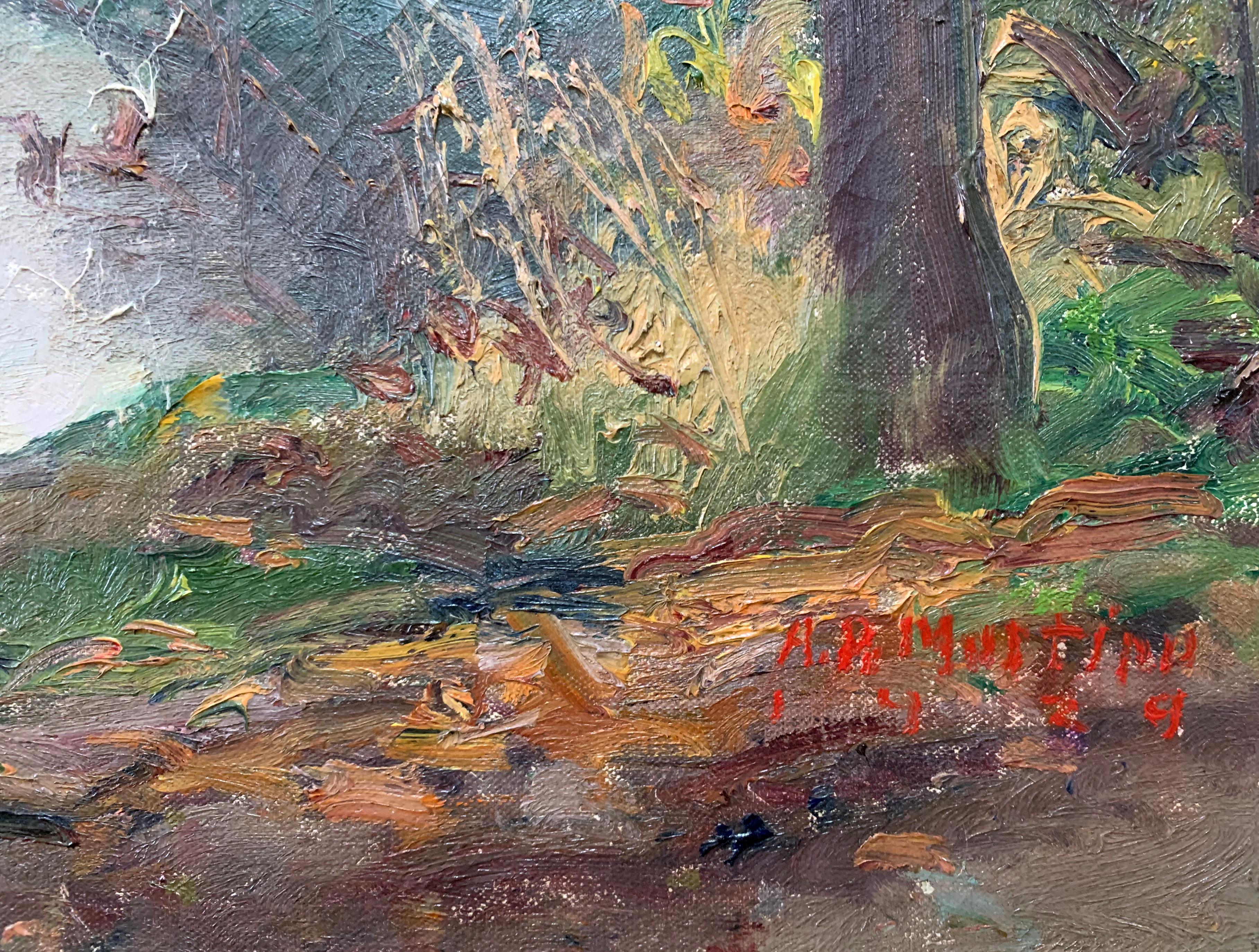 Reflections, American Impressionist Landscape, Regional Scene, Delaware River - Brown Landscape Painting by Antonio Pietro Martino