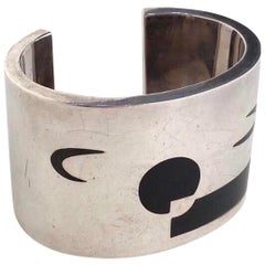 Vintage Antonio Pineda 970 Silver and Obsidian Abstract Cuff Bracelet