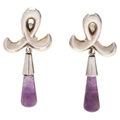 Antonio Pineda Amethyst Silver Taxco Ribbon Drop Earrings Retro Circa 1960s