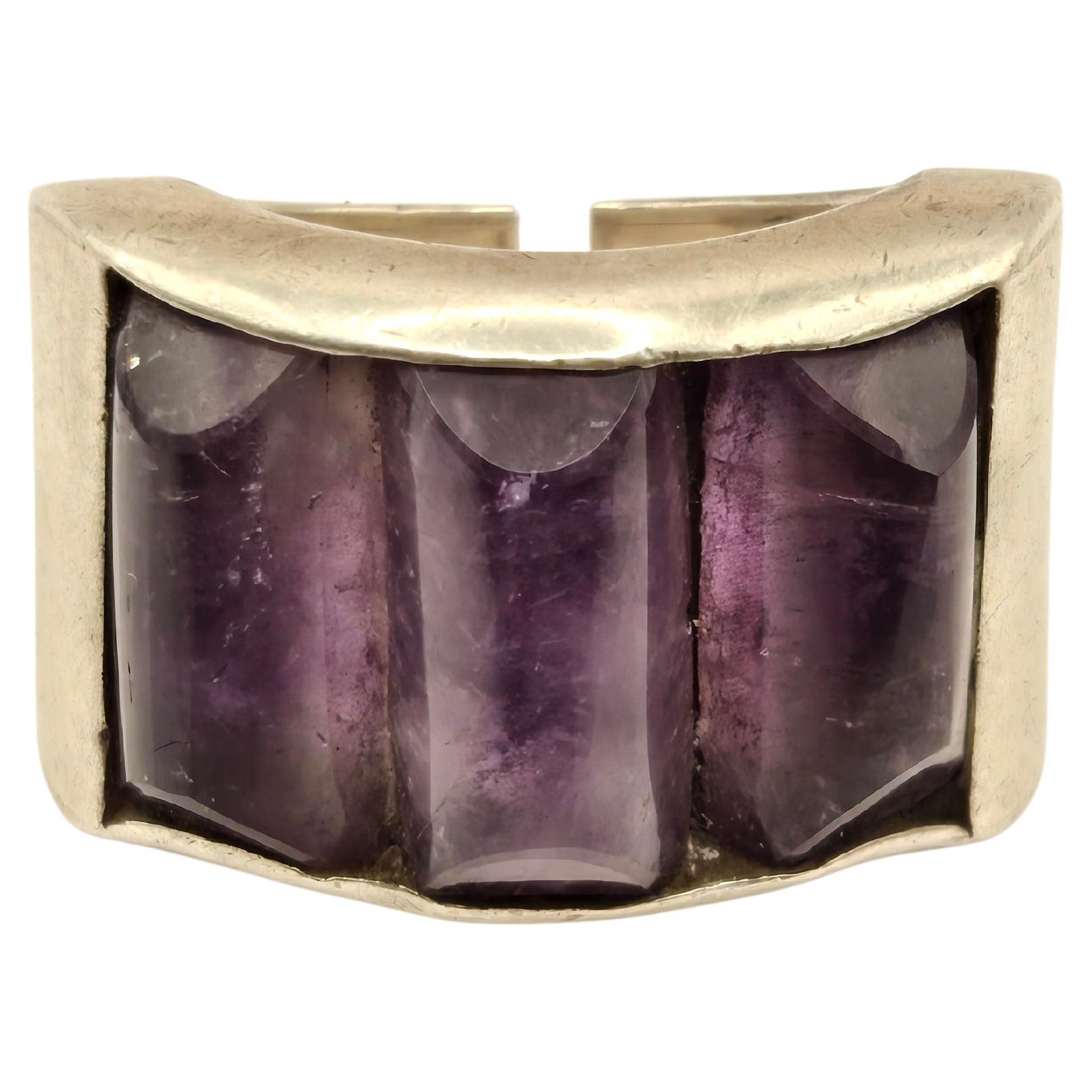 Antonio Pineda Anello messicano con ametista e tre pietre in argento Sterling in vendita