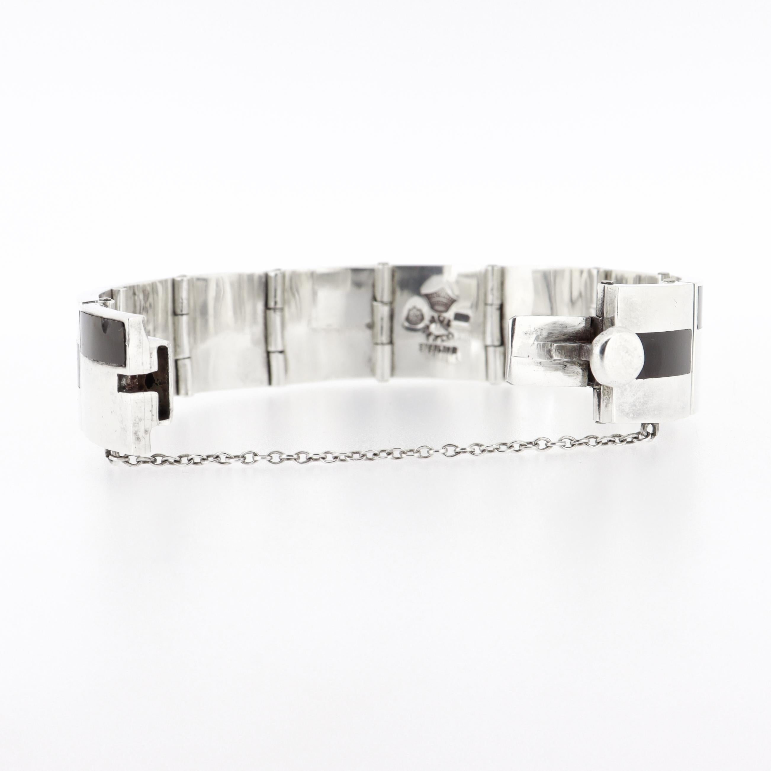 Antonio Pineda Bracciale a maglie in argento e ossidiana messicano di metà secolo in vendita 9