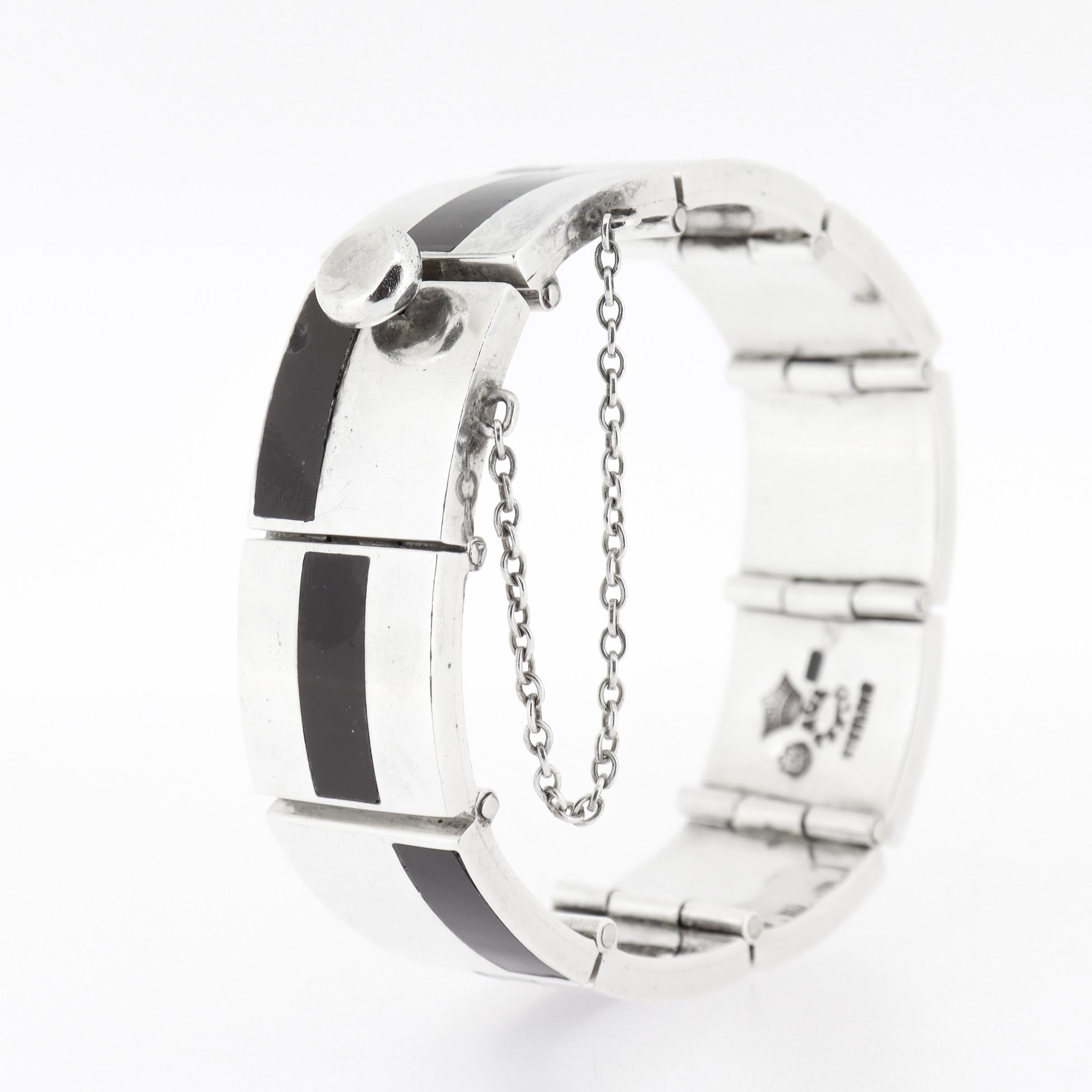da uomo o donna Antonio Pineda Bracciale a maglie in argento e ossidiana messicano di metà secolo in vendita