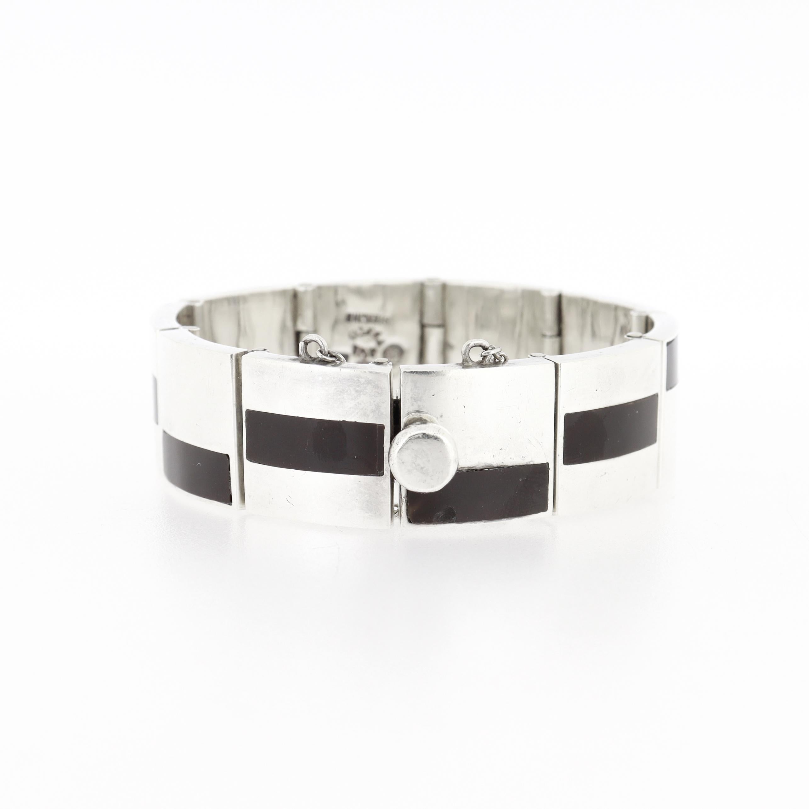 Antonio Pineda Bracciale a maglie in argento e ossidiana messicano di metà secolo in vendita 2
