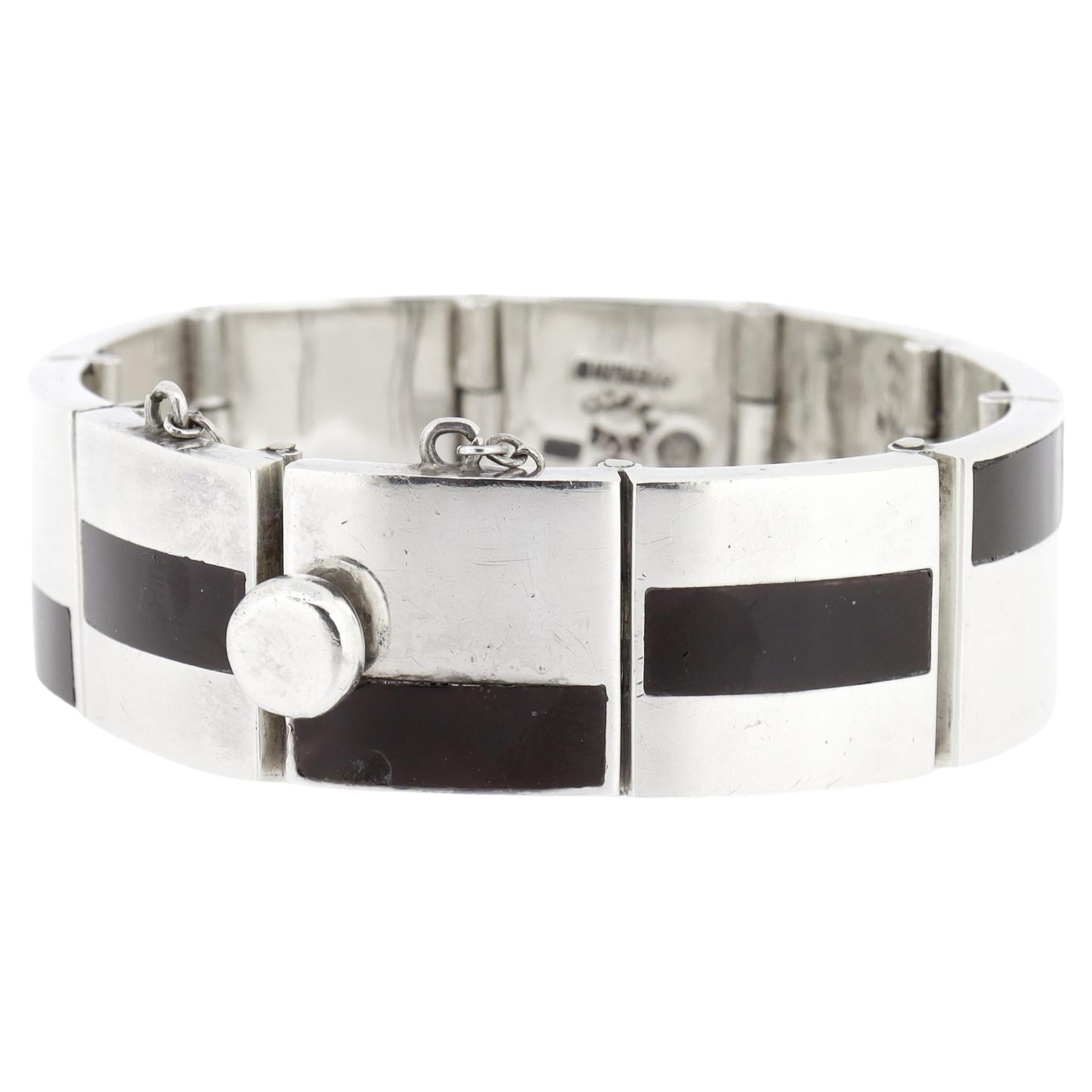 Antonio Pineda Bracciale a maglie in argento e ossidiana messicano di metà secolo in vendita