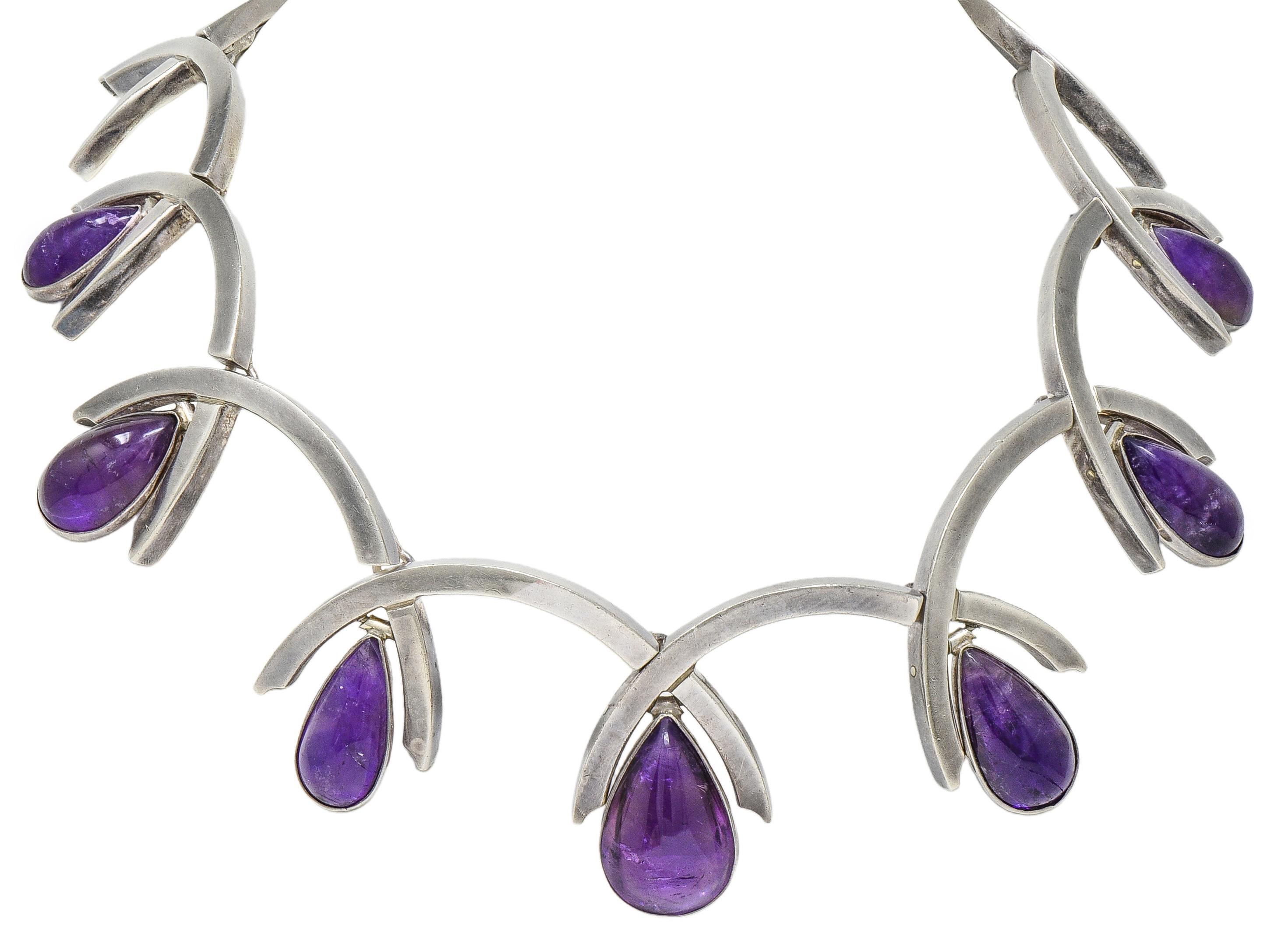 Antonio Pineda Collier à franges vintage en argent et améthyste de style moderniste du milieu du siècle dernier
