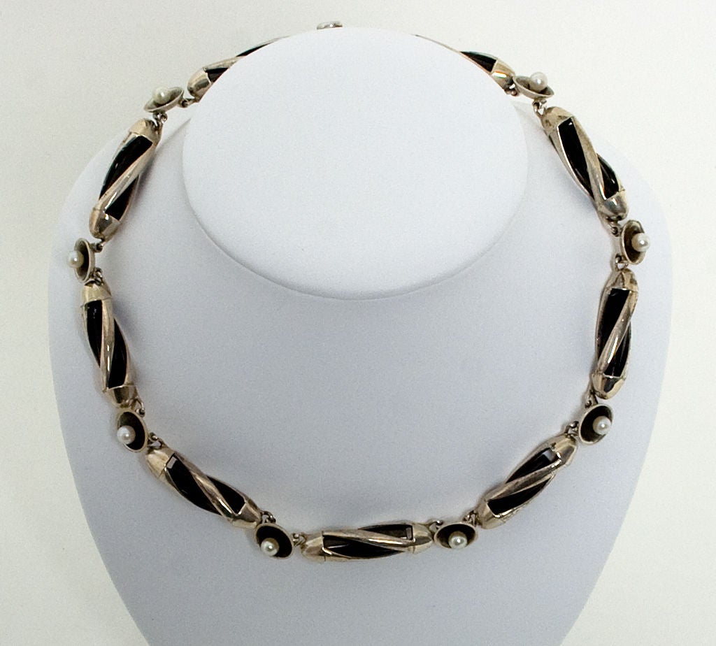 Modernist Antonio Pineda Obsidian and Pearl Necklace on Silver For Sale