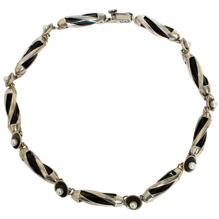Antonio Pineda Obsidian and Pearl Necklace on Silver For Sale