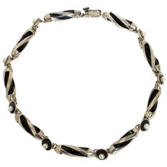 Retro Antonio Pineda Obsidian and Pearl Necklace on Silver