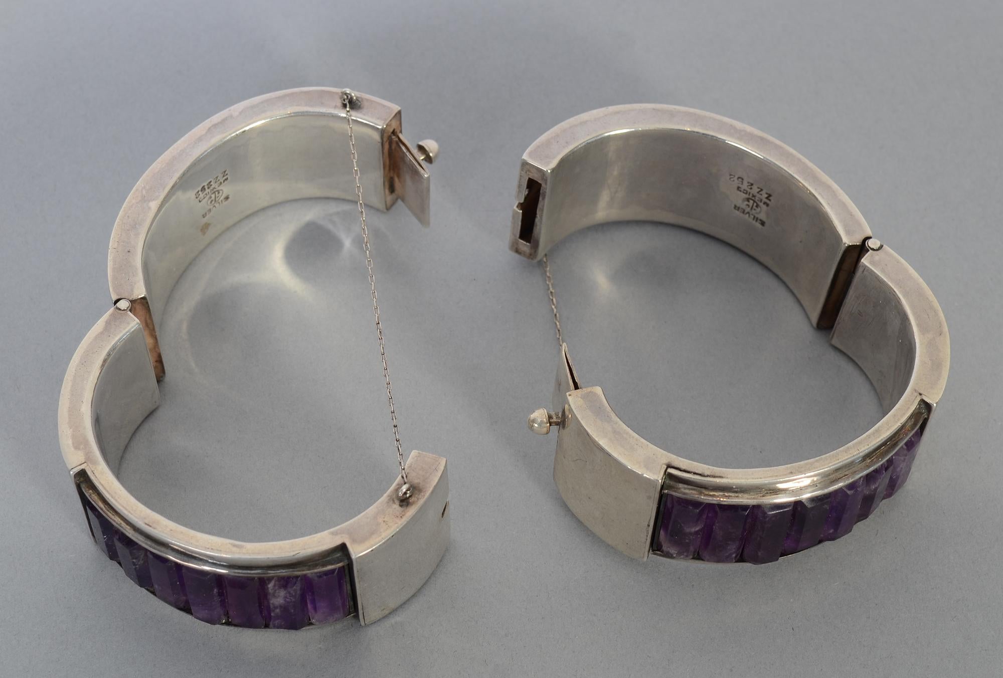 Women's Antonio Pineda Pair of Sterling Silver and Amethyst Hinged Bangle Bracelets