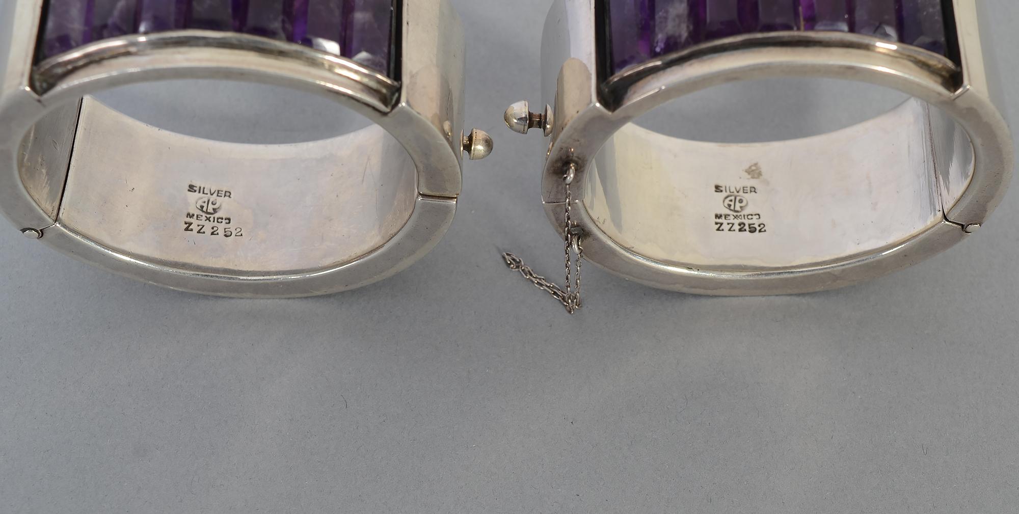 Antonio Pineda Pair of Sterling Silver and Amethyst Hinged Bangle Bracelets 1