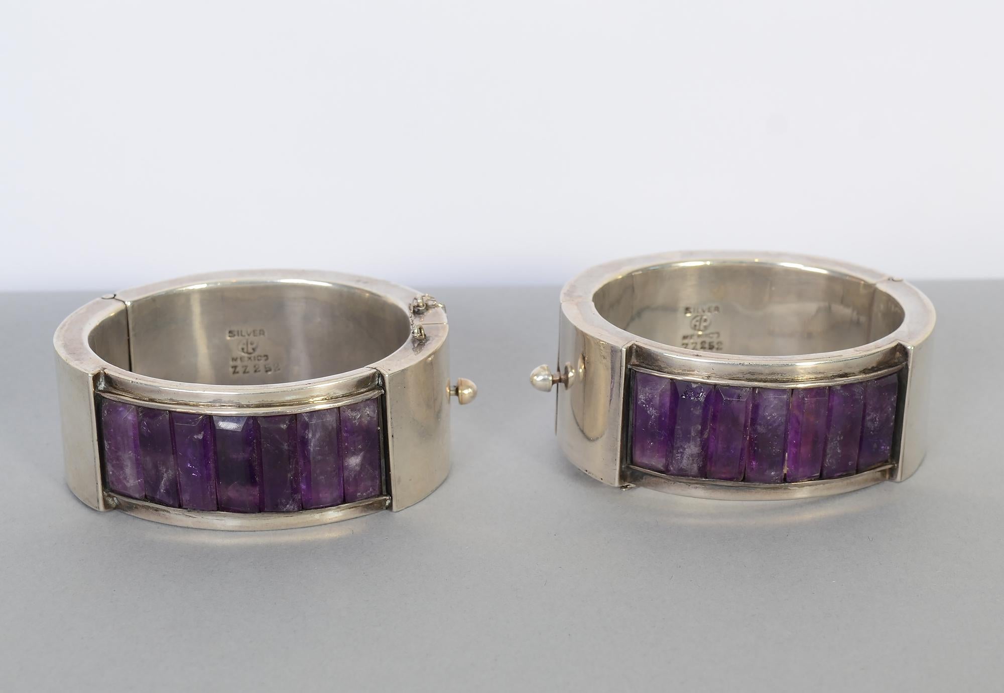 Antonio Pineda Pair of Sterling Silver and Amethyst Hinged Bangle Bracelets 2