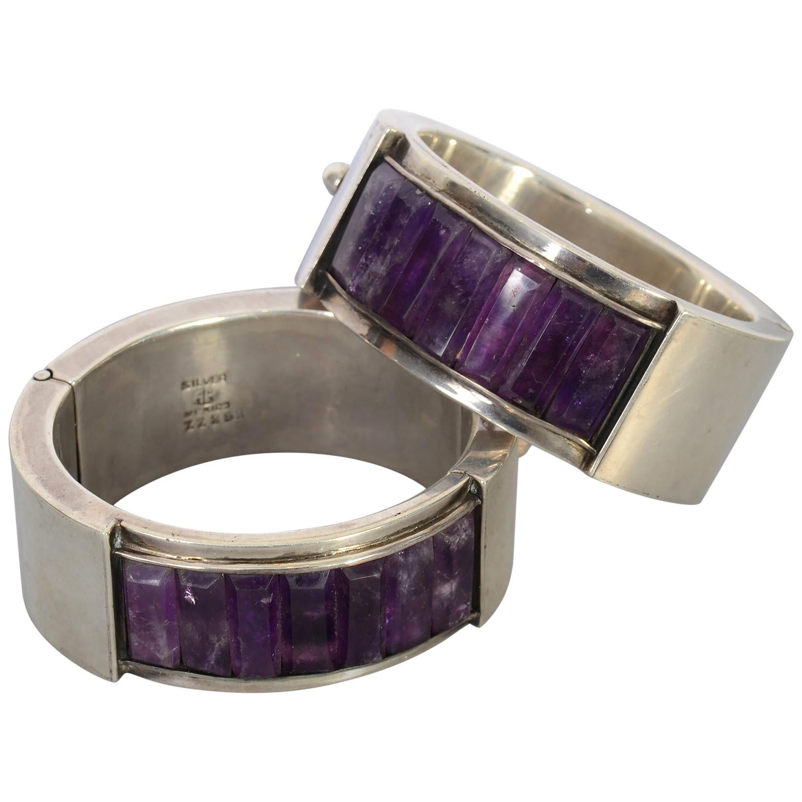 Antonio Pineda Pair of Sterling Silver and Amethyst Hinged Bangle Bracelets