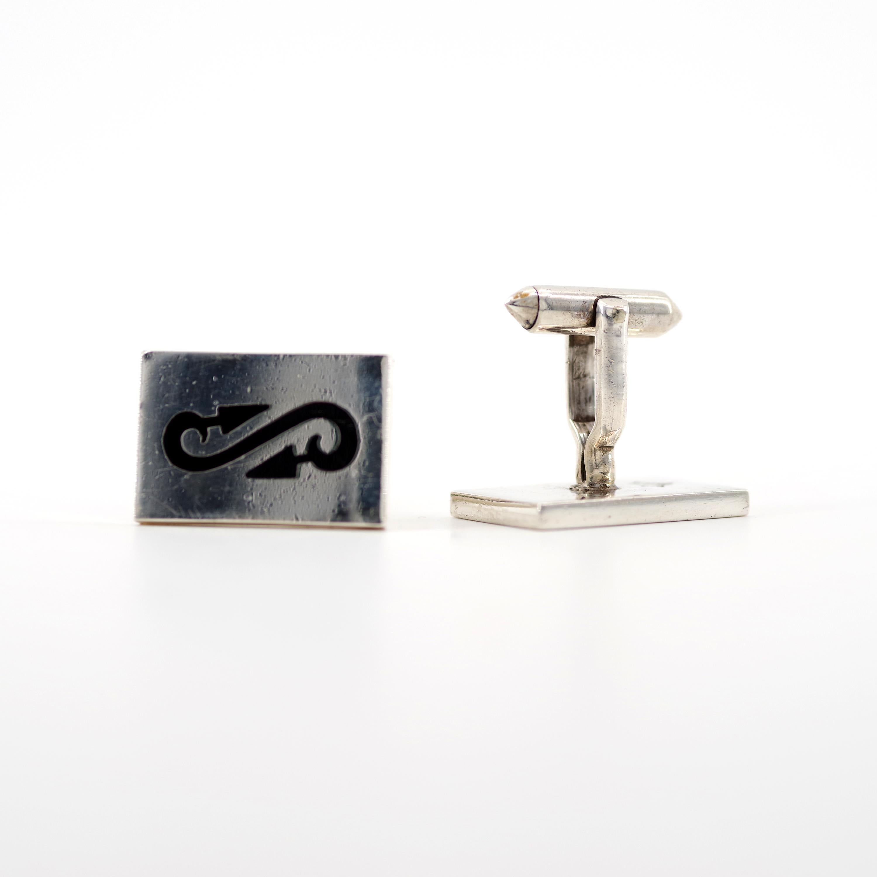 Women's or Men's Antonio Pineda Silver Taxco Cufflinks with Inset Onyx is Uncommon, Pair