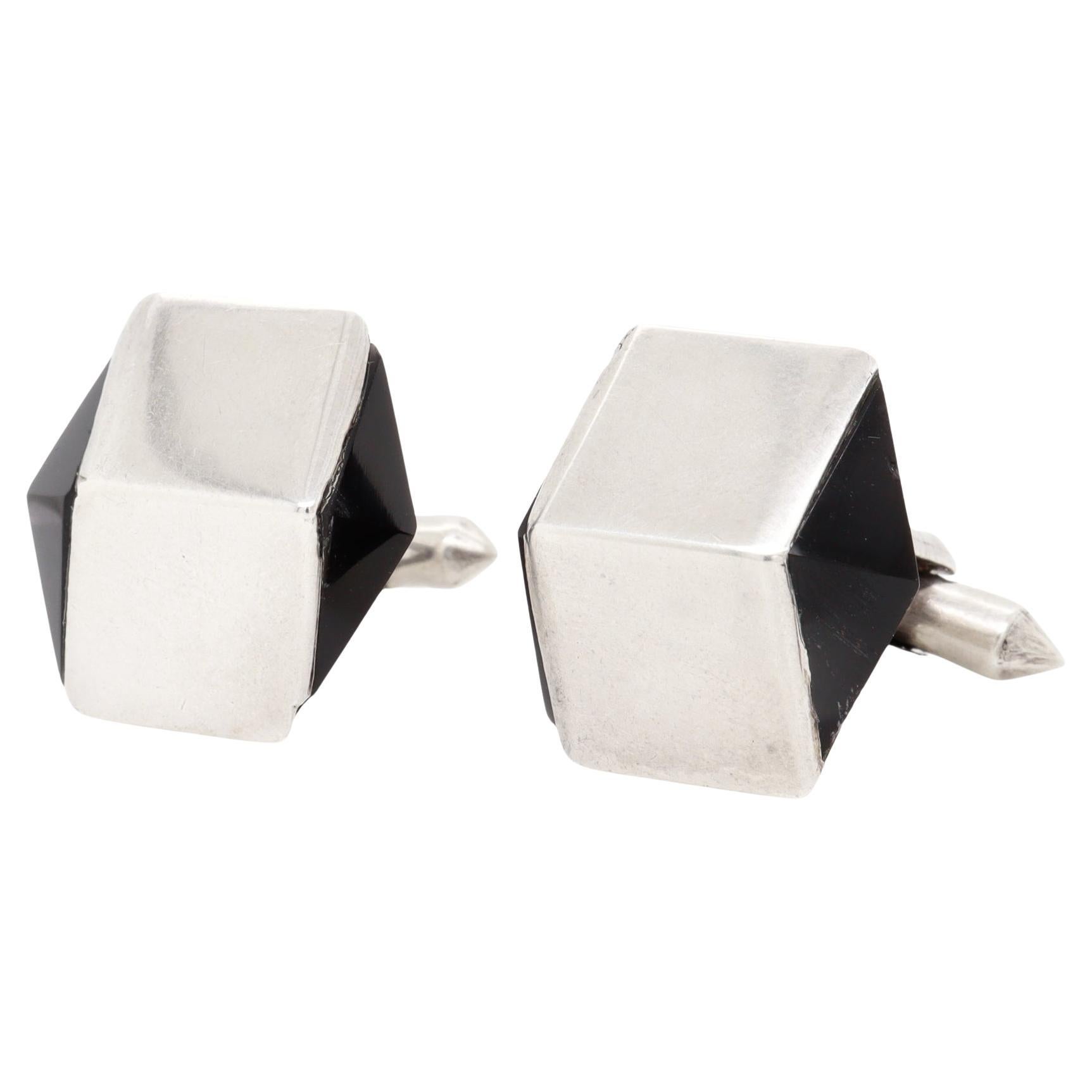 Gemelli modernisti Op-Art messicani in argento sterling e onice di Antonio Pineda