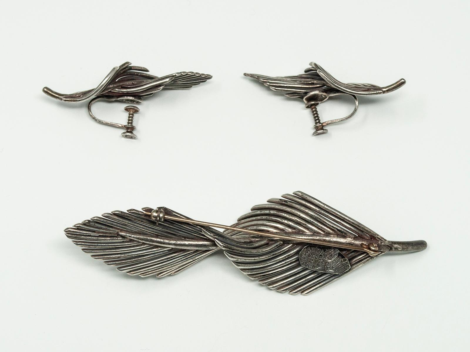 Artisan Antonio Pineda Sterling Silver Leaf Brooch and Earring Set For Sale
