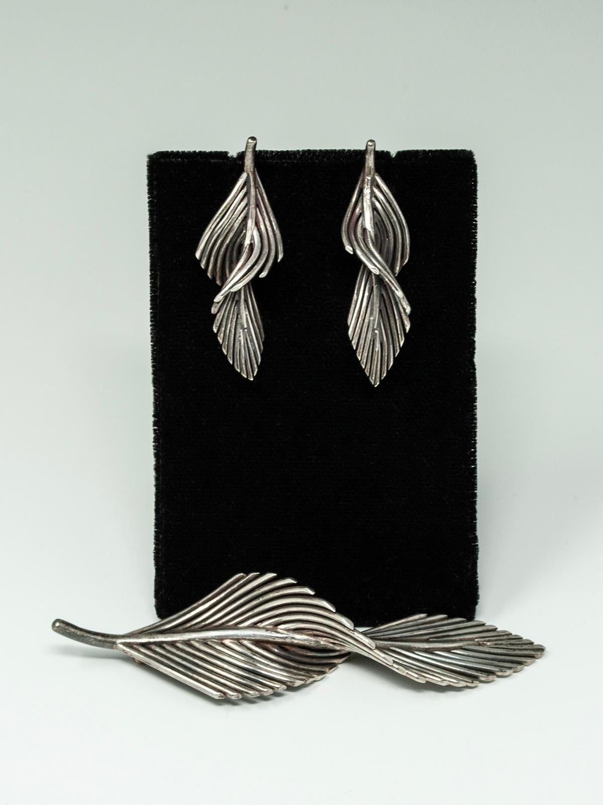 Antonio Pineda Sterling Silver Leaf Brooch and Earring Set In Good Condition For Sale In Point Richmond, CA