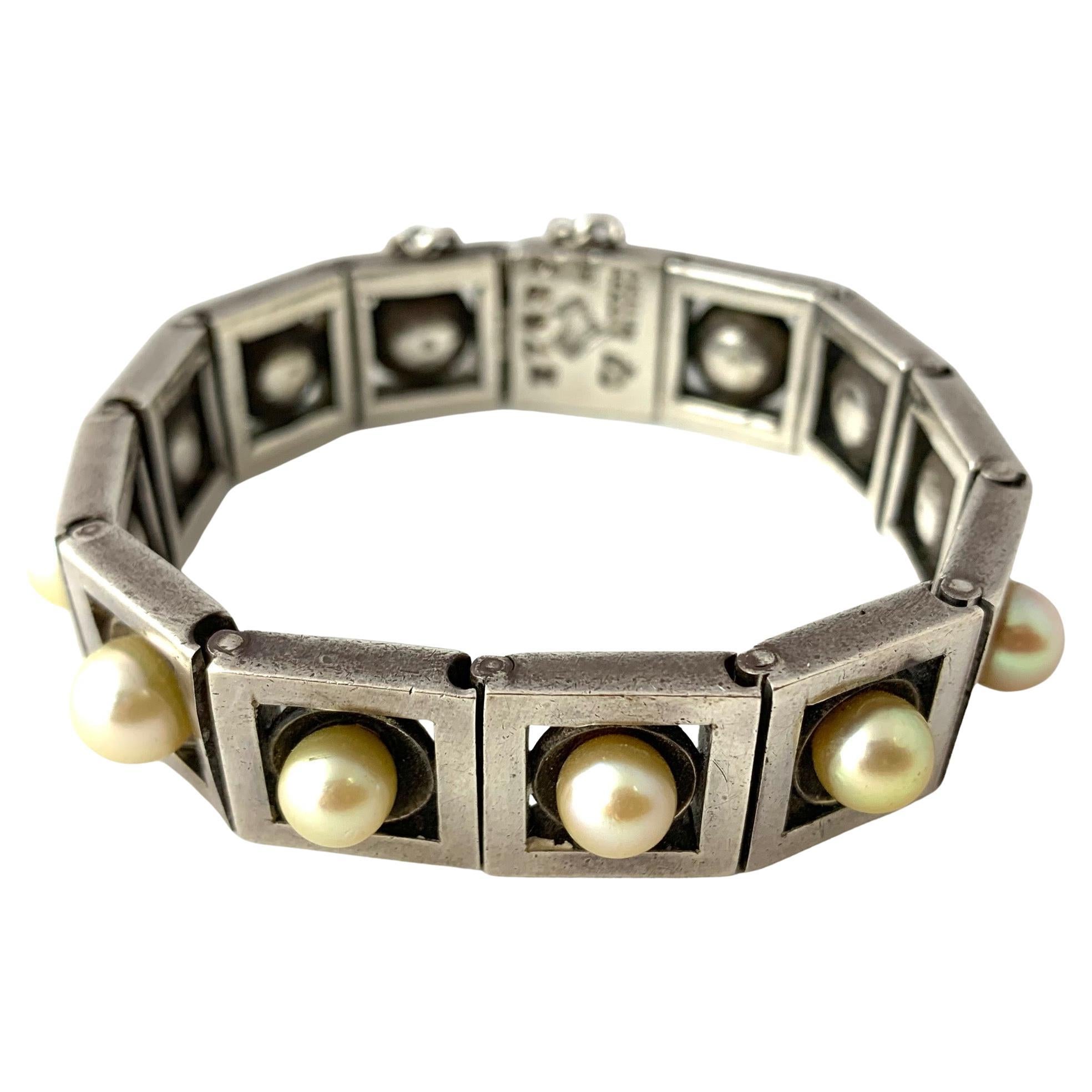 Antoñio Pineda Sterling Silver Link Bracelet Set with Pearls