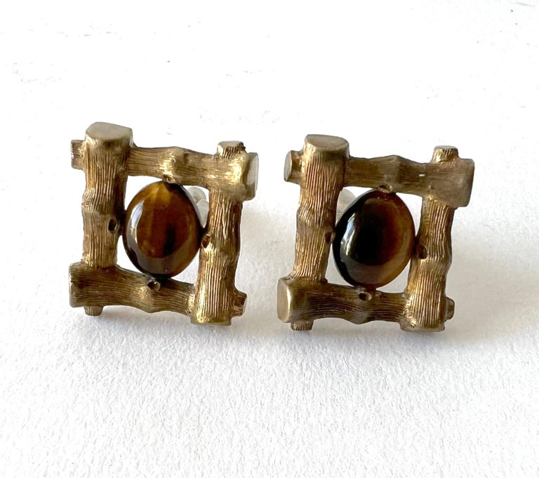 Cabochon Antonio Pineda Sterling Vermeil and Tiger Eye Bamboo Design Cufflinks For Sale